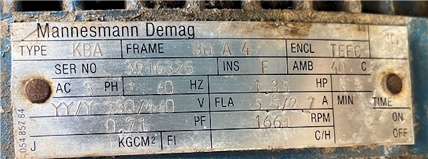 Mannesmann Demag 1.35 Hp Conical Rotor Brake Motor)
